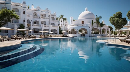 Poster - beautiful views of the resort with blue clear sky, swimming pool and palm trees  