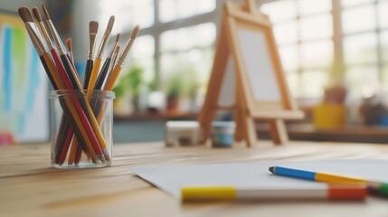 Poster - Art Studio with Paintbrushes and Easel Ready for Painting