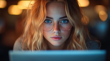 Poster - Close-up Portrait of a Young Woman with Blonde Hair Wearing Glasses