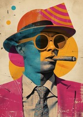 Sticker - Retro collage of a man art portrait cigar.