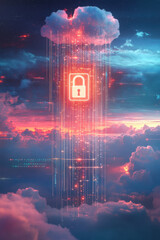 Wall Mural - Cloud security measure,  A vibrant hologram of a lockpad icon floating above a dynamic cloud system, illustrating digital encryption in a serene, sky-like environment, with light