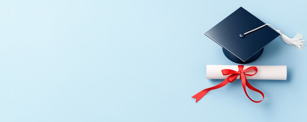 A graduation cap and diploma on a light blue background, symbolizing academic achievement and celebration.