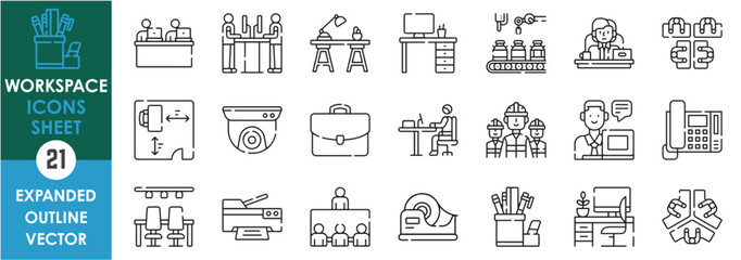 Leinwandbilder - A set of line icons related to Workspace. Office, job, computer, table, employee, labor, placements, meeting, arrangement, cctv, printer, and so on. Vector outline icons set.