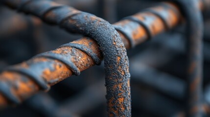 A highly detailed close-up photograph of rusted, twisted rebar with a dark, blurred background, illustrating decay and industrial aesthetics in vivid detail.