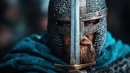 A rugged bearded warrior in a chainmail helmet grasping a sword, emitting intensity and fierce determination. A representation of historical courage and unyielding spirit.