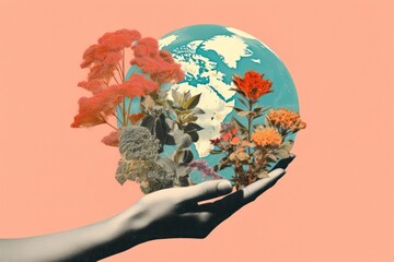 Sticker - A hand holding a globe with a plant growing out of it outdoors nature planet.