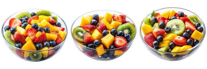 Wall Mural - A Set of colorful fruit salad bowl with fresh strawberries, blueberries, kiwi, and mango slices, isolated on a transparent background