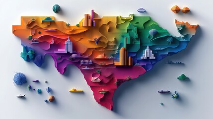 Wall Mural - A stylized state map of Texas with major rivers and geographical landmarks in vibrant colors.