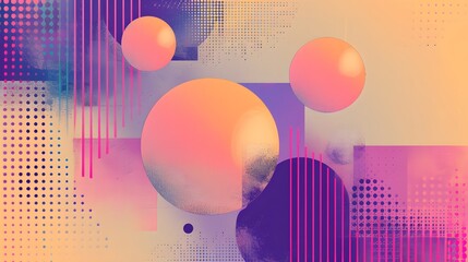 Grainy gradient banner with abstract purple pink yellow sphere, light geometric shapes, and noise texture