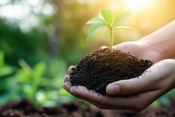 Embrace Life: Hands Cradling Soil and a Young Plant Under the Sun's Gentle Glow, Symbolizing Hope and Renewal in Nature's Cycle