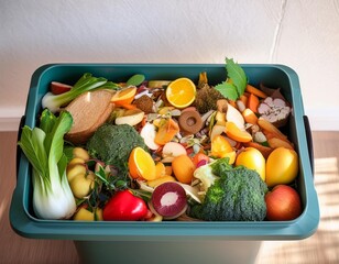 A home composting bin filled with a variety of kitchen scraps, including fruit peels, vegetables parts and bio waste. concept for ecology friendly household
