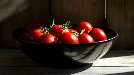 Wall Mural - Ripe Organic Tomatoes in a Black Bowl with Selective Focus for Farm Fresh Concept