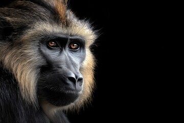 Photo of an baboon isolated against a black background, emphasising the baboon's majestic features. Wildlife and conservation concept, space for copy.