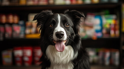 A Border Collie dog can be seen in front of a dark and blurry shelf full of pet supplies. --ar 16:9 --v 6.1 Job ID: fbee9ab7-69ec-4558-b097-36a07461f5da