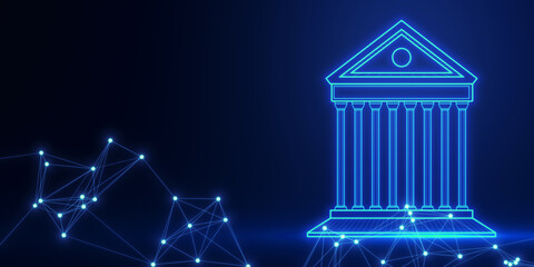 Leinwandbilder - Digital hologram of a bank building on a dark blue background. 3D Rendering