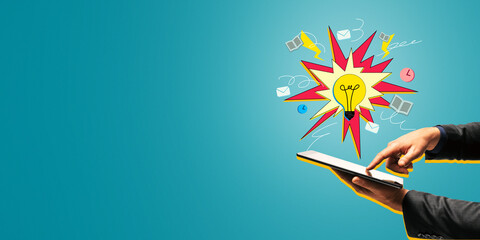 Aufkleber - Businessman using tablet with pop art lightbulb and icons on blue background, concept of technology and creativity.