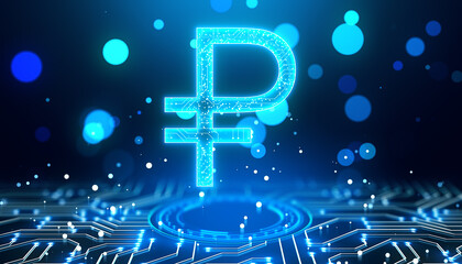Poster - Futuristic Ruble Sign with Neon Circuitry on Blue Background. 3D Rendering