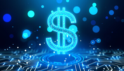 Poster - Neon dollar sign with circuit design on digital background. 3D Rendering