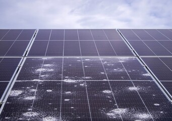 hail-damaged solar panel close-up with cracked photovoltaic cells under overcast skies, showcasing t