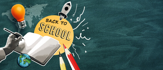 Aufkleber - Back to School collage with educational elements on chalkboard background.