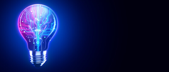 Wall Mural - Glowing lightbulb with circuit design on dark blue background. 3D Rendering