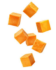 Wall Mural - falling sweet potato cube, isolated on white background, full depth of field