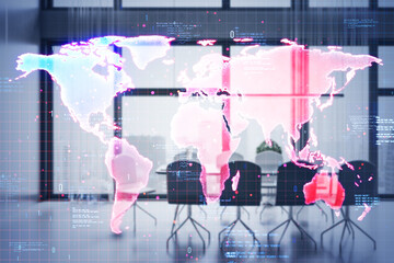 Aufkleber - Digital world map with data overlay in modern office setting.
