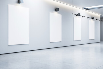 Wall Mural - Contemporary gallery with empty white frames on the wall. 3D Rendering