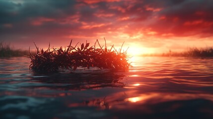 Poster - Lush vegetation floats gently on serene waters as a stunning sunset paints the sky in vivid hues of orange and purple