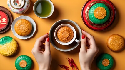 celebration festival chinese moon cake and tea 