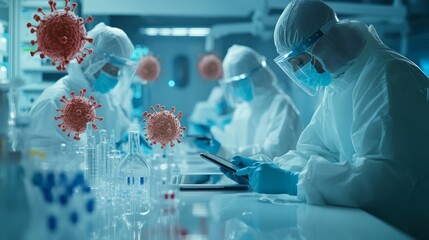 Poster - Scientists in protective gear focus intently on tablets while studying digital displays of virus models in a cutting-edge laboratory environment