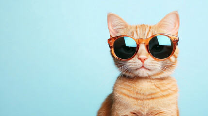 A close-up of a funny orange cat with sunglasses on. The background is light blue. --ar 16:9 --v 6.1 Job ID: 42b31dca-cf62-4db9-b58f-74c3f5ff820f