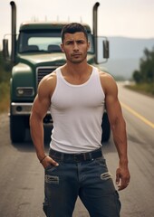 White tank top and jeans poses adult standing sports.