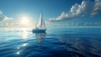 Tiny Yacht Sailing Towards the Distant Horizon in the Lower Corner Against a Vast Blue Sea and Sky