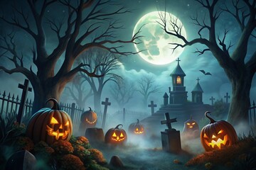 Halloween background with pumpkins and haunted house