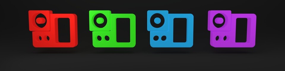 Poster - Colorful Photo camera icon isolated on black background. Foto camera icon. Minimalism concept. 3D render illustration
