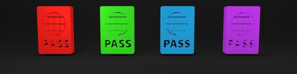 Poster - Colorful Passport with biometric data icon isolated on black background. Identification Document. Minimalism concept. 3D render illustration