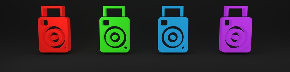 Poster - Colorful Photo camera icon isolated on black background. Foto camera icon. Minimalism concept. 3D render illustration