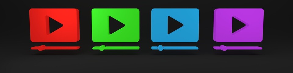 Poster - Colorful Online play video icon isolated on black background. Film strip with play sign. Minimalism concept. 3D render illustration