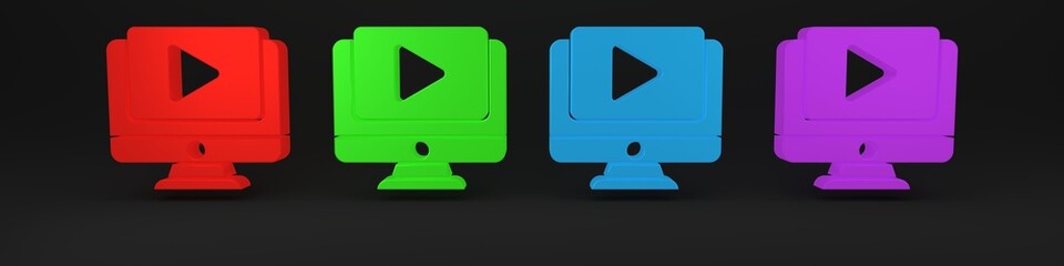 Poster - Colorful Online play video icon isolated on black background. Computer monitor and film strip with play sign. Minimalism concept. 3D render illustration