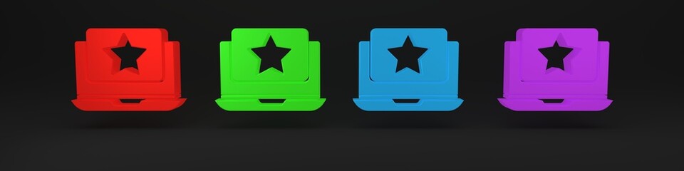 Poster - Colorful Laptop with star icon isolated on black background. Favorite, best rating, award symbol. Minimalism concept. 3D render illustration
