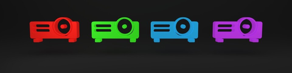 Poster - Colorful Presentation, movie, film, media projector icon isolated on black background. Minimalism concept. 3D render illustration