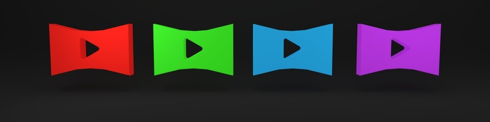 Poster - Colorful Online play video icon isolated on black background. Film strip with play sign. Minimalism concept. 3D render illustration