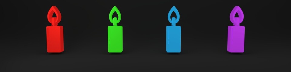 Wall Mural - Colorful Burning candle icon isolated on black background. Cylindrical candle stick with burning flame. Minimalism concept. 3D render illustration