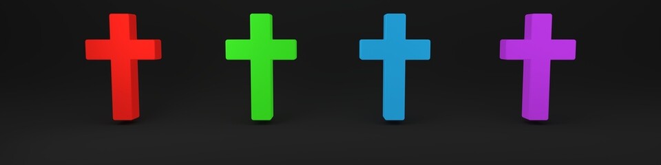 Colorful Christian cross icon isolated on black background. Church cross. Minimalism concept. 3D render illustration