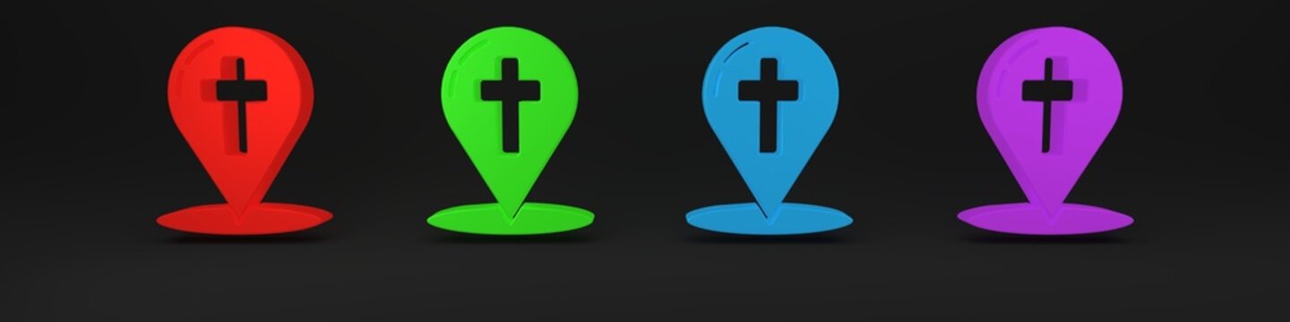 Colorful Map pointer with christian cross icon isolated on black background. Minimalism concept. 3D render illustration