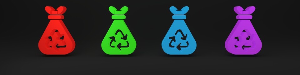 Poster - Colorful Garbage bag with recycle symbol icon isolated on black background. Trash can icon. Recycle basket sign. Minimalism concept. 3D render illustration