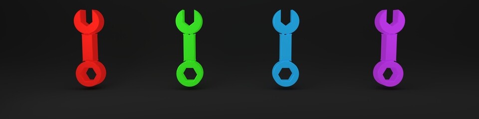 Colorful Wrench spanner icon isolated on black background. Minimalism concept. 3D render illustration