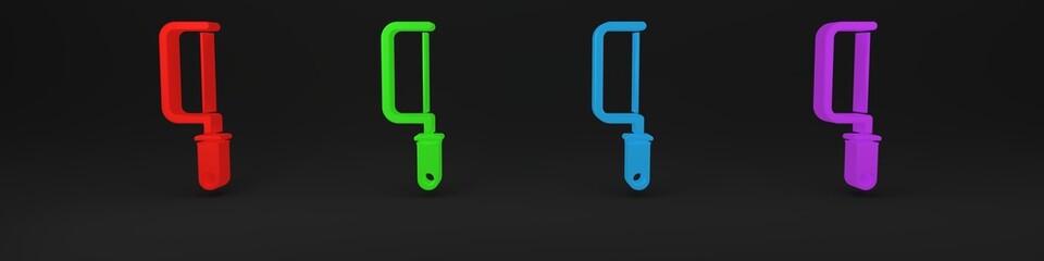 Poster - Colorful Hacksaw icon isolated on black background. Metal saw for wood and metal. Minimalism concept. 3D render illustration