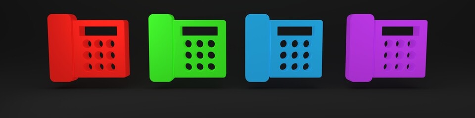 Poster - colorful telephone icon isolated on black background. landline phone. minimalism concept. 3d render 